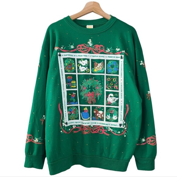Holiday Time 12 Days of Christmas Green Vintage Holiday Sweater size Large - Picture 1 of 10